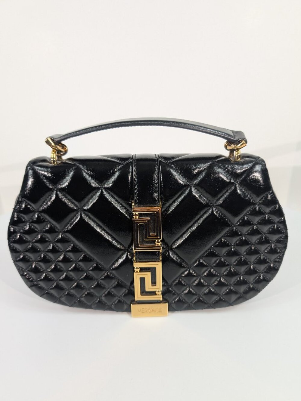 Versace Black Quilted Calfskin Leather Greca Goddess Top Handle Shoulder Bag